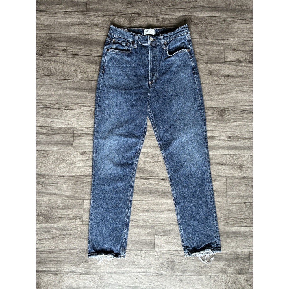 AGOLDE Riley Long Jeans 26 High Rise Straight Leg Button Fly Raw Hem Blue